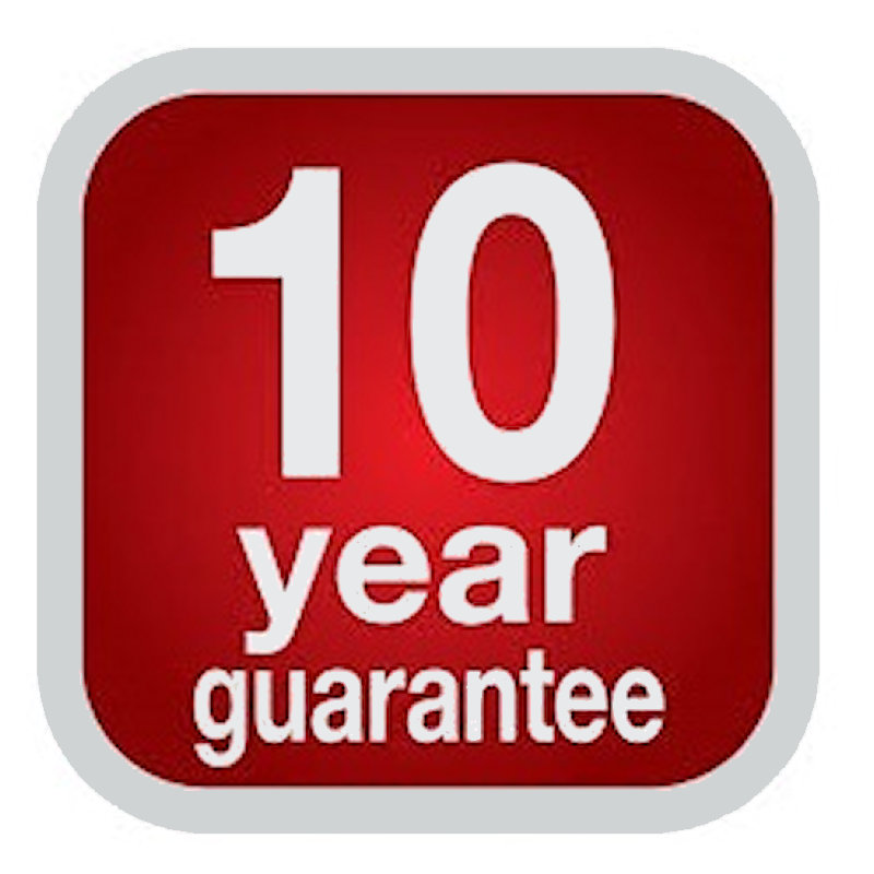 Red square badge with white text stating 10 year guarantee.