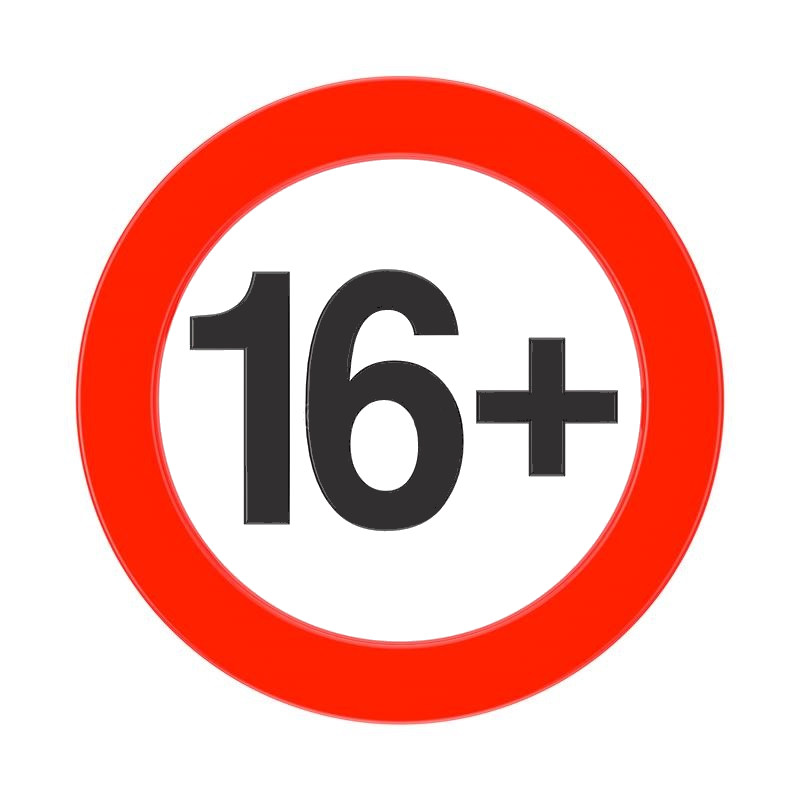 16+ age restriction symbol with a red circle and black text.