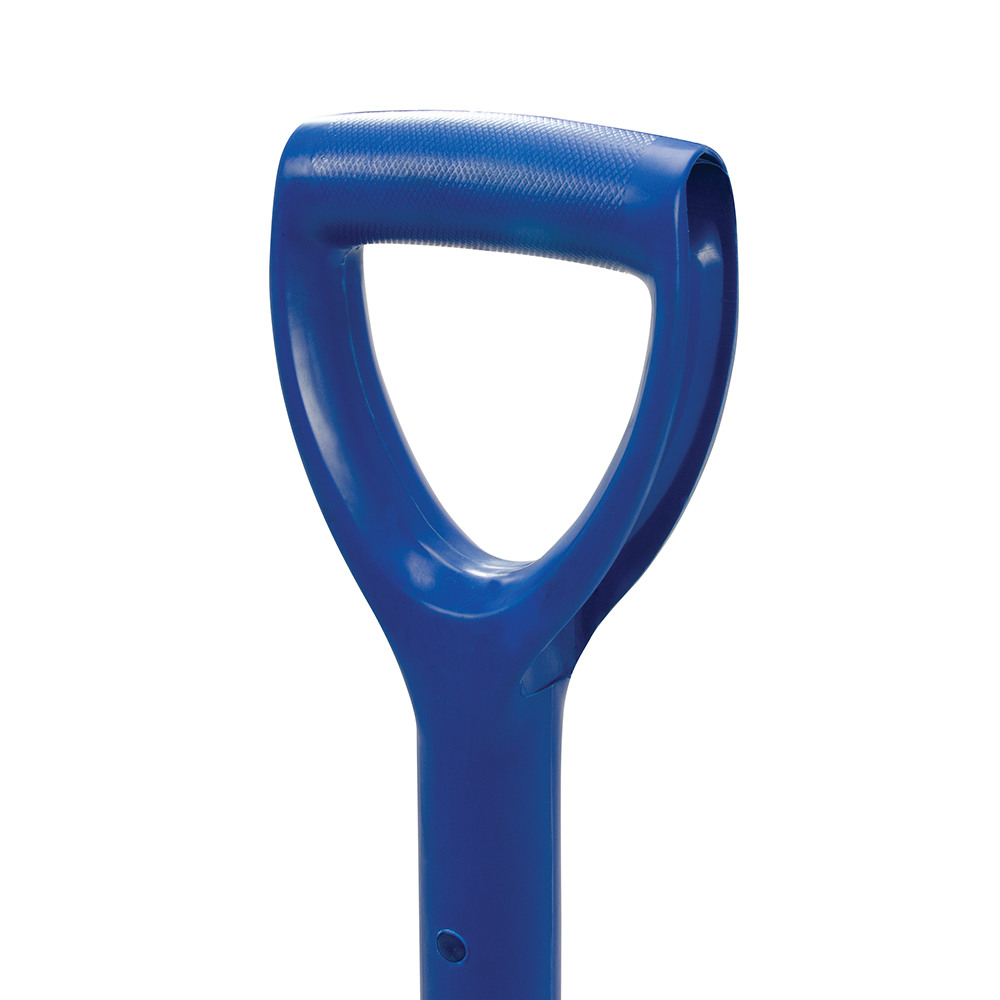 Close-up of the blue handle of a Silverline Tools digging spade.