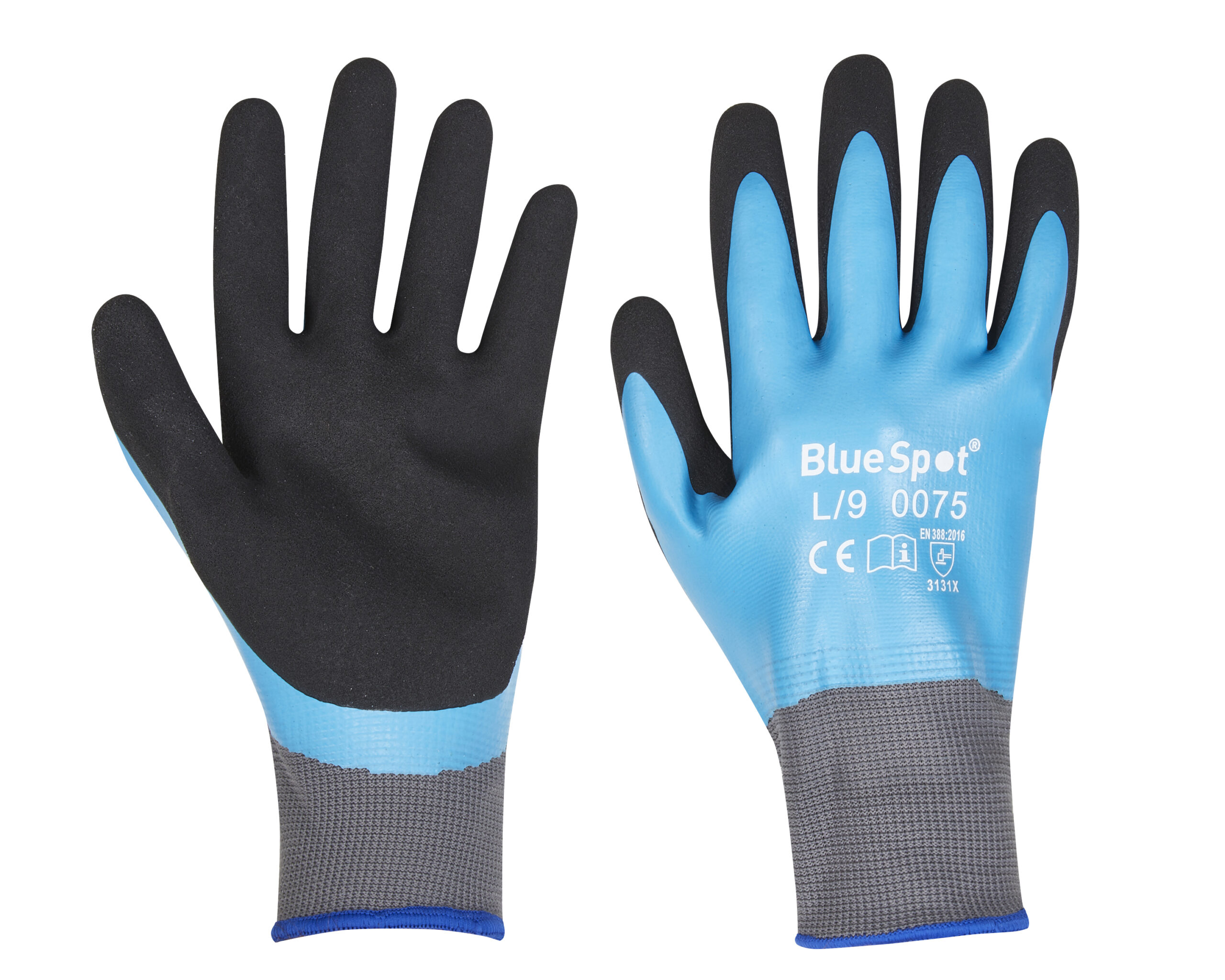 Pair of Blue Spot Tools latex water resistant work gloves in large size, featuring blue and black design.