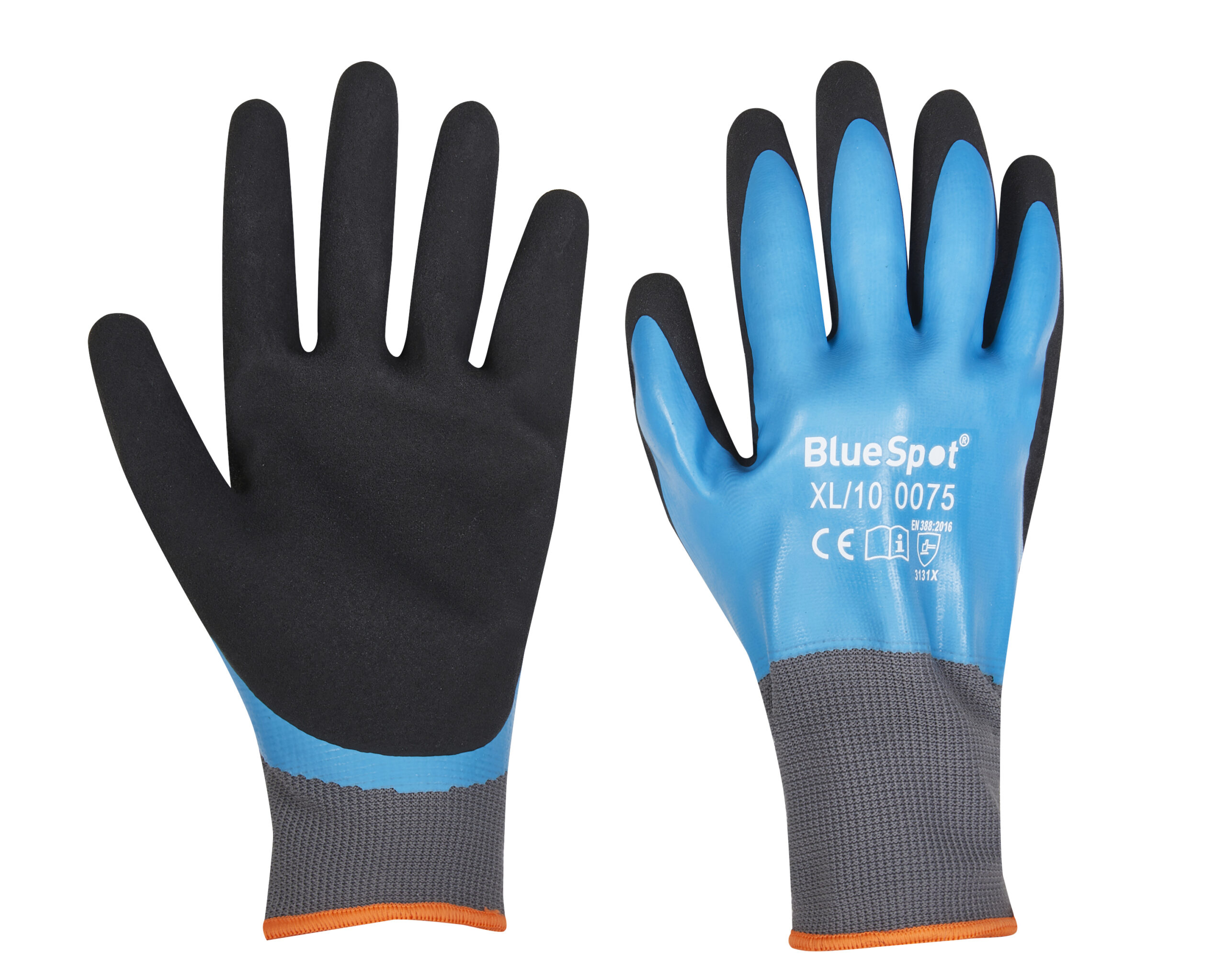 Pair of Blue Spot Tools latex water resistant work gloves in XL size, featuring blue and black design.