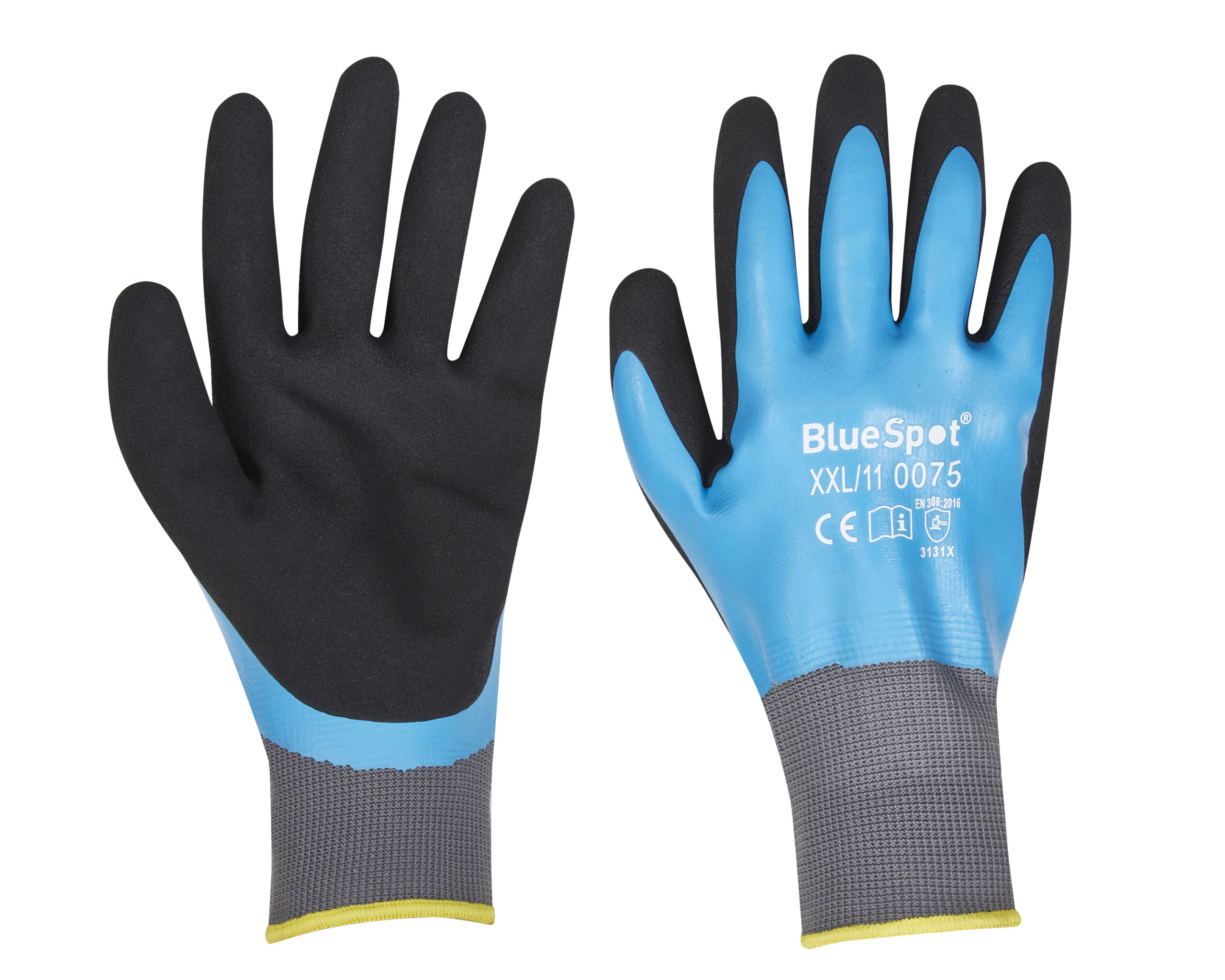Pair of Blue Spot Tools latex water resistant work gloves in XXL size, featuring a black palm and blue back.