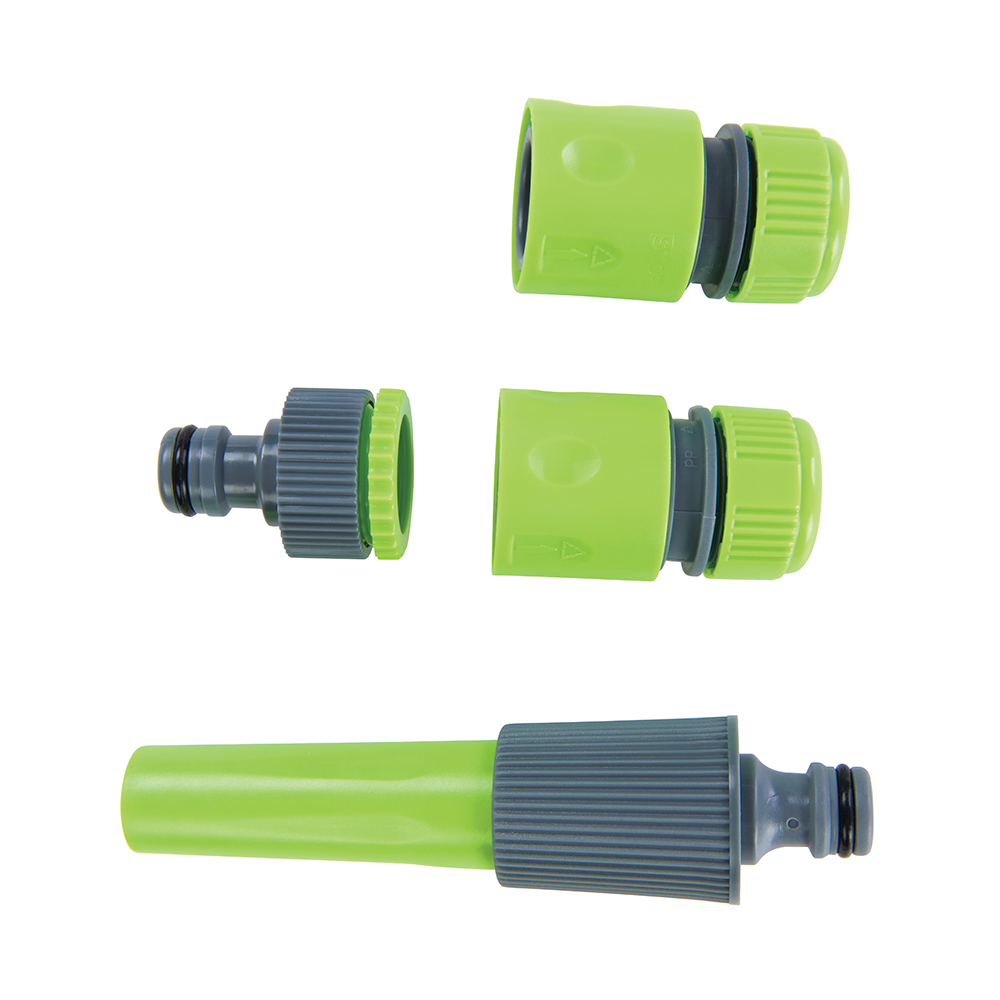 Five-piece garden hose pipe watering connector set in green and grey.