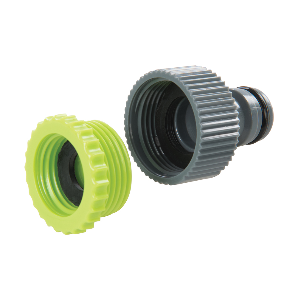 Close-up of a garden hose pipe watering connector set showing two connectors, one green and one grey, with threaded designs.