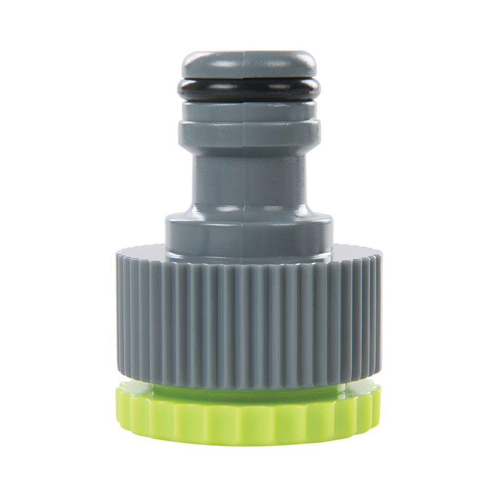 Close-up of a grey and green garden hose pipe connector from the Silverline 5-piece set.