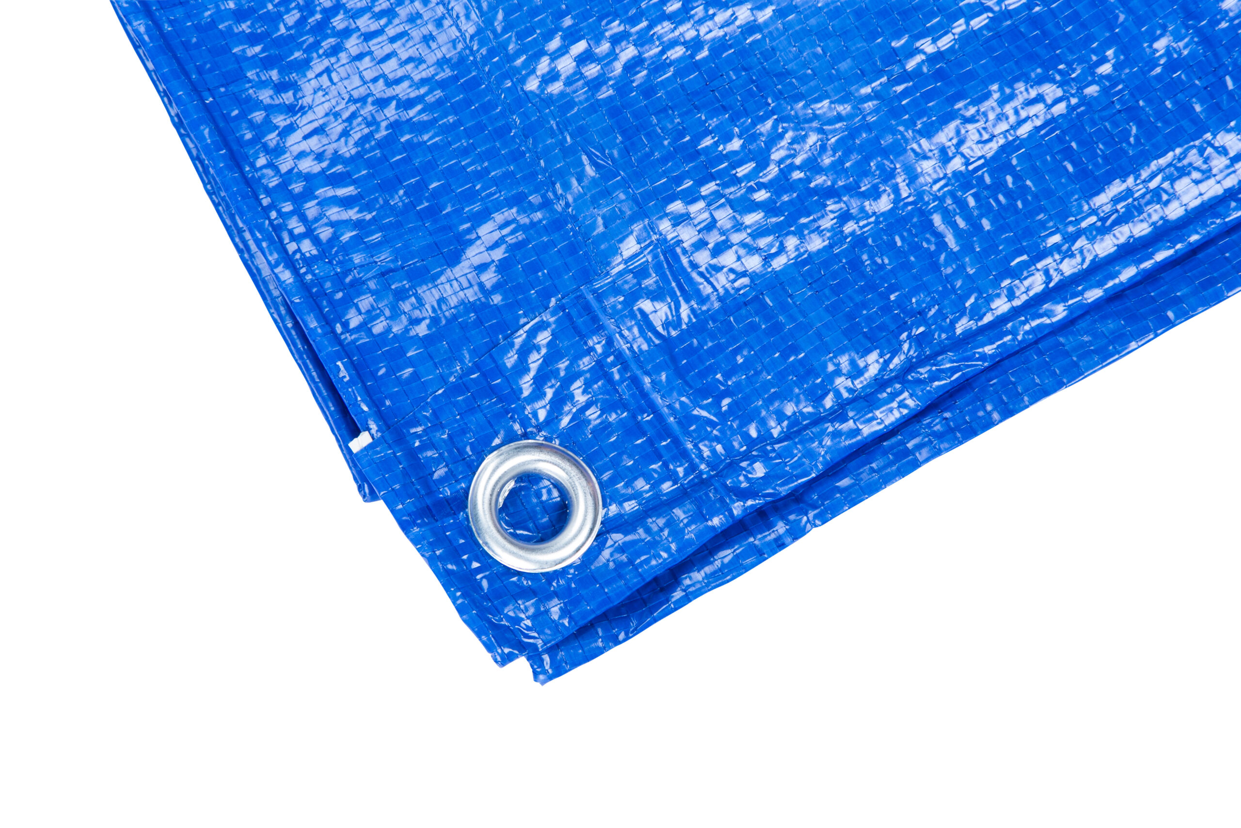 Close-up of a blue lightweight outdoor tarpaulin cover with metal eyelet.