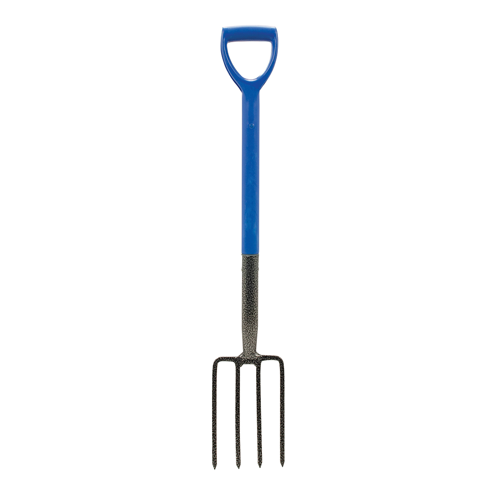 Garden digging fork with blue handle and metal prongs for soil cultivation