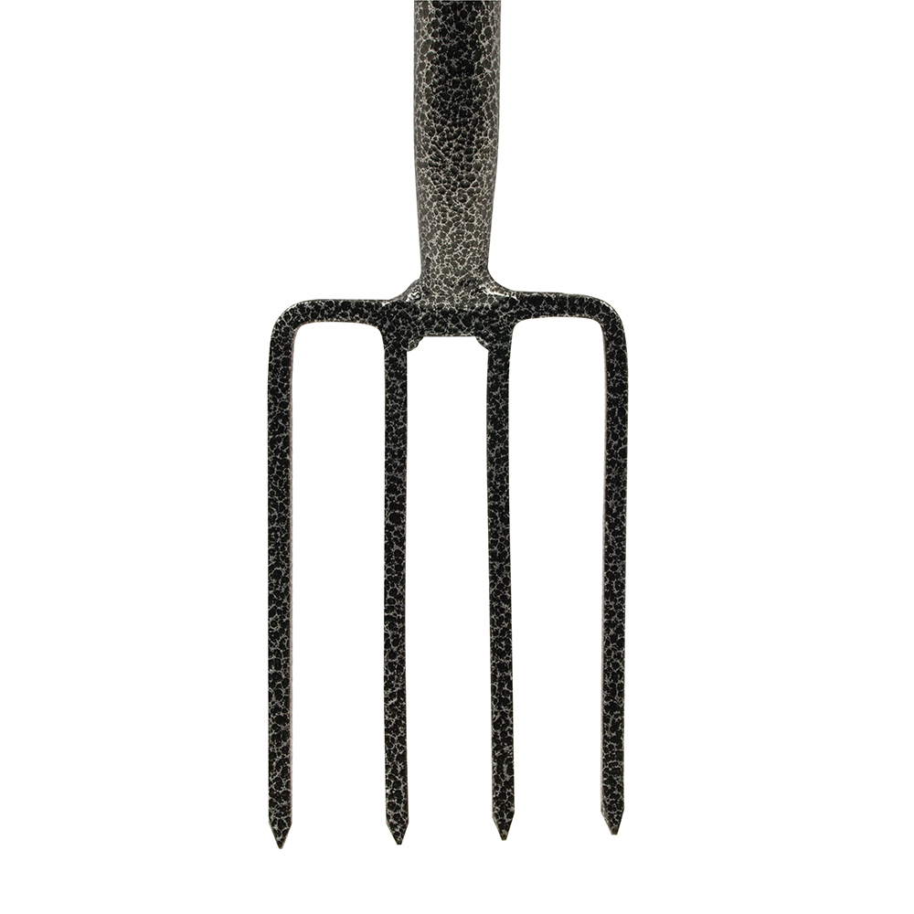 Close-up view of a metal garden digging fork with four tines.