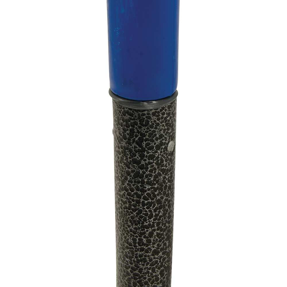 Close-up of the handle and shaft of a garden digging fork with a blue grip and textured black metal shaft.
