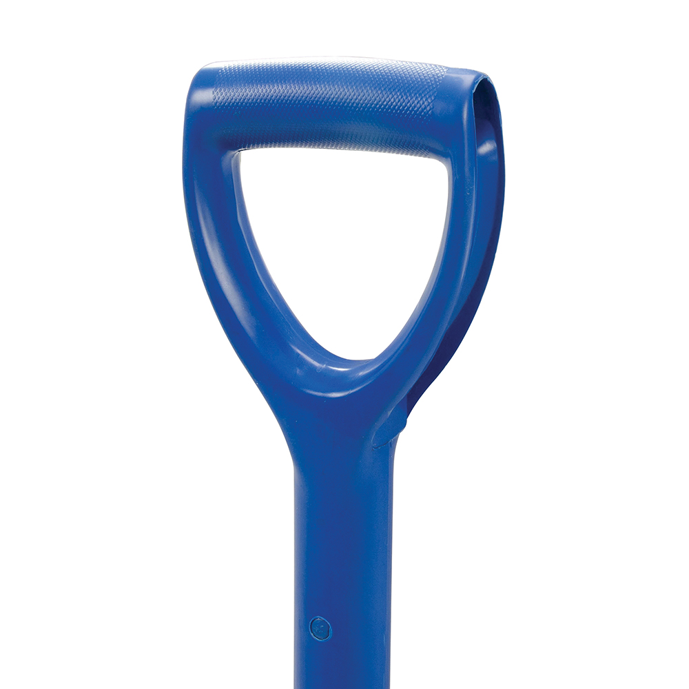 Close-up of a blue handle on a garden digging fork.