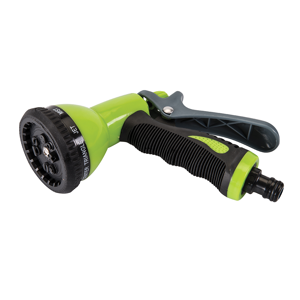 Green and black garden watering spray gun with a rubber grip and adjustable nozzle featuring nine spray patterns.
