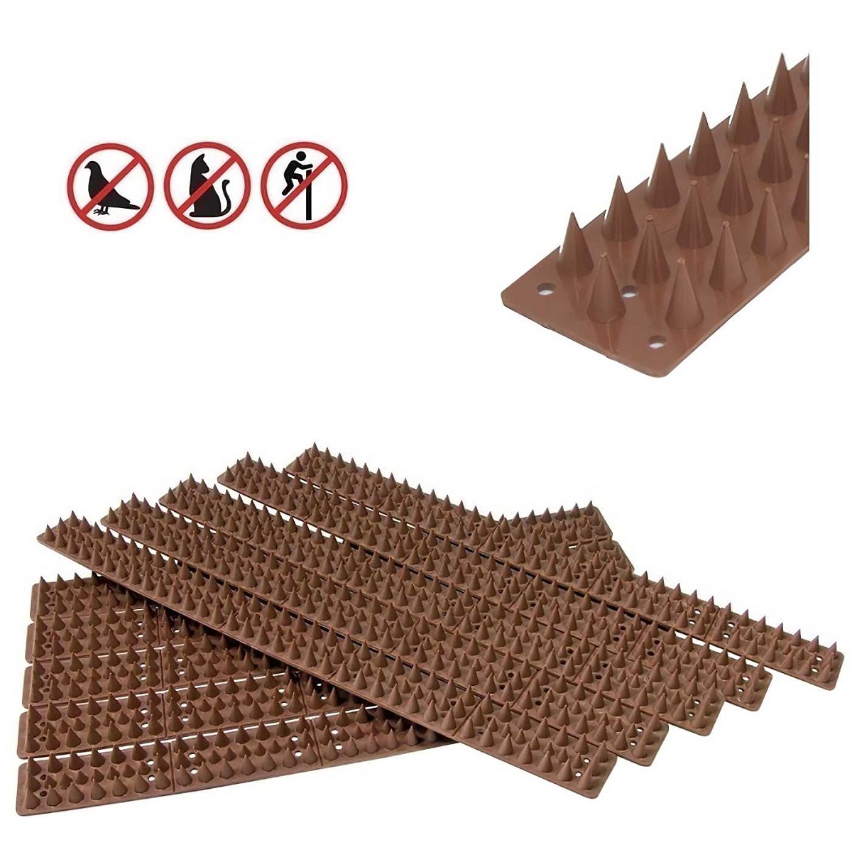 Brown plastic prickle spikes designed for deterring intruders and pests on fences and walls.