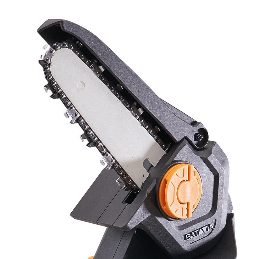 Close-up of the Batavia NEXXSAW 18V cordless one-handed pruning chainsaw with visible chain and blade.