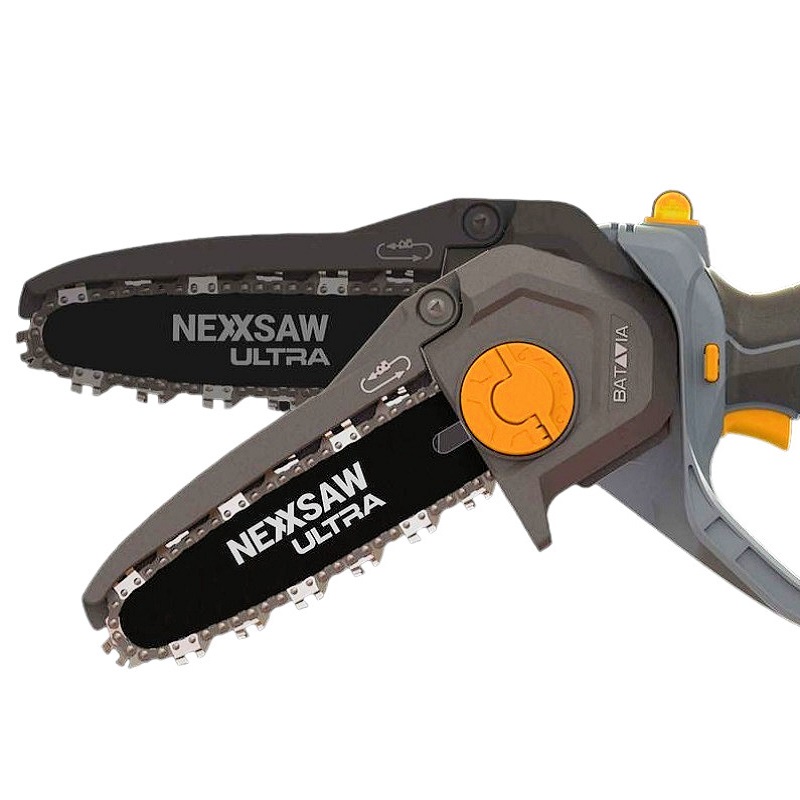 Close-up view of the Batavia NEXXSAW 18V Cordless One-Handed Pruning Chainsaw with visible blade and handle.