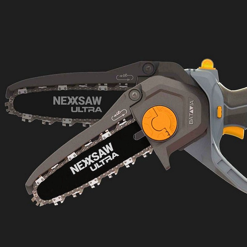 Close-up of the Batavia NEXXSAW 18V Cordless One-Handed Pruning Chainsaw showing the blade and handle.