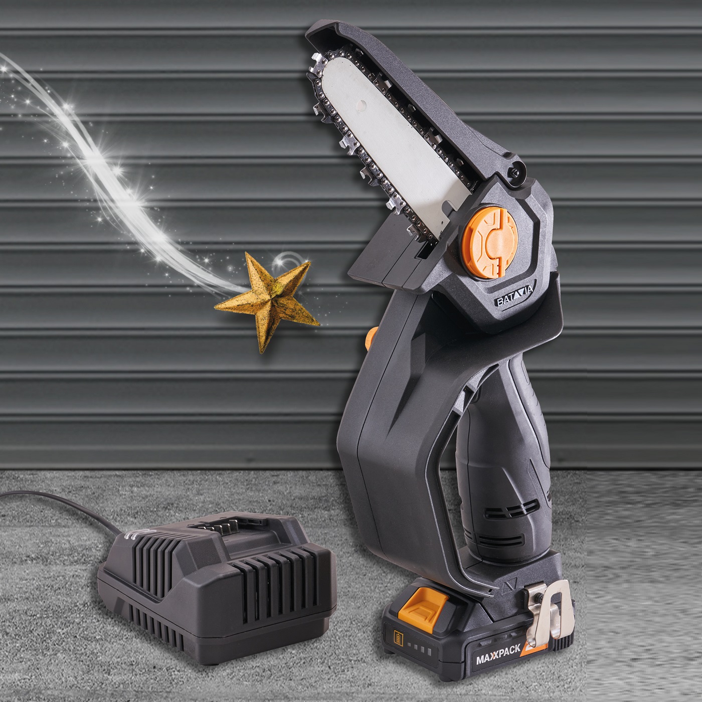 Batavia NEXXSAW 18V Cordless One-Handed Pruning Chainsaw with a Li-ion battery and charger.