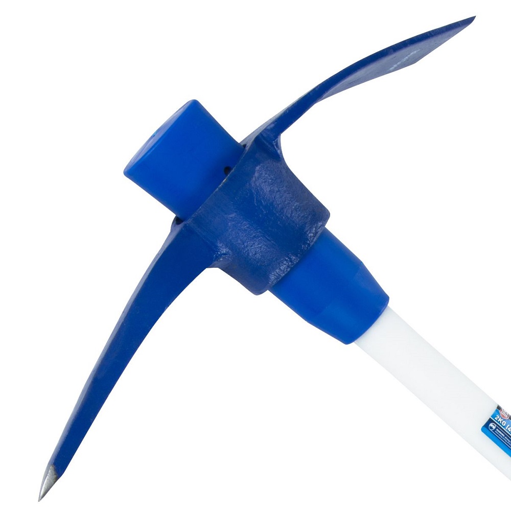 Close-up of a blue pick axe with a fibreglass handle.