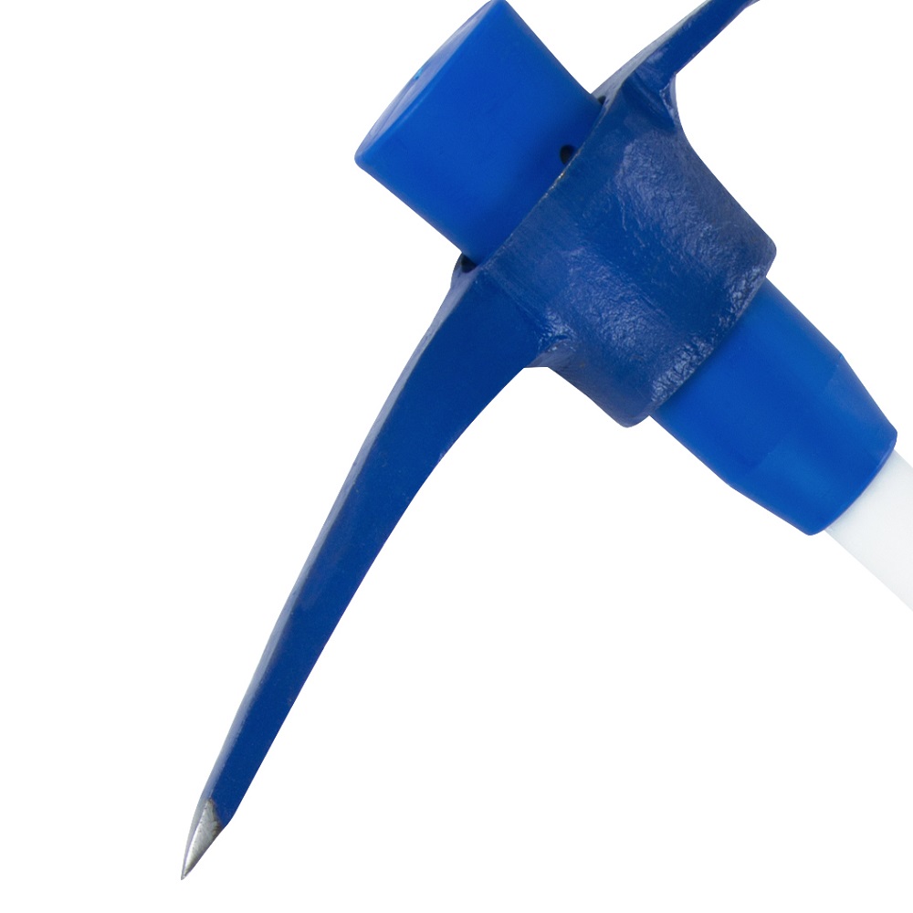 Close-up of a blue pick axe head with a fibreglass handle.