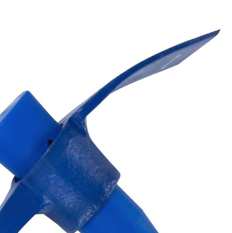 Close-up of a blue pick axe head with fibreglass handle.