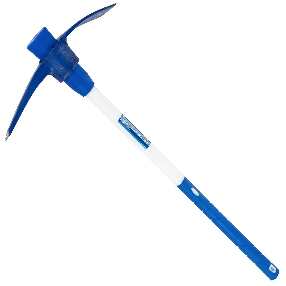 Blue pick axe with a low vibration fibreglass handle.