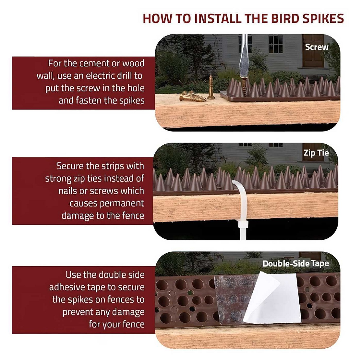 Installation guide for Amtech prickle spikes showing methods using screws, zip ties, and double-sided tape.