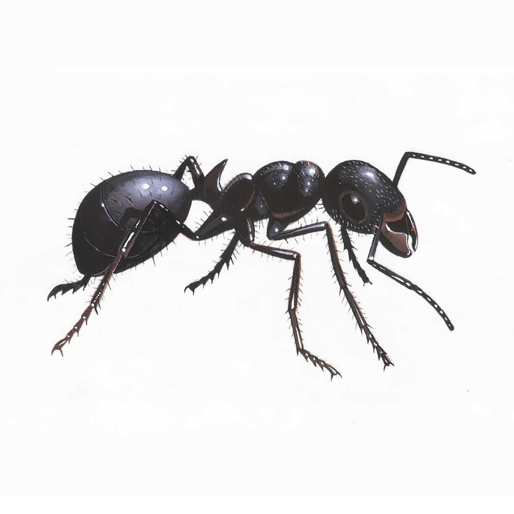 Illustration of a black ant on a white background.