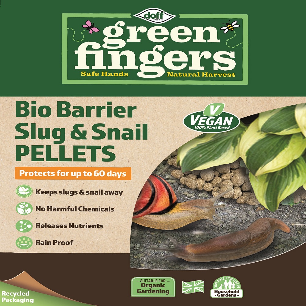 Doff Green Fingers Bio Barrier Slug and Snail Protection Pellets packaging showing product benefits and vegan certification.