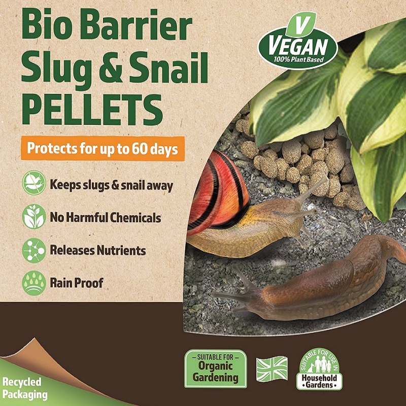 Packaging of Doff Green Fingers Bio Barrier Slug and Snail Protection Pellets showing slugs near pellets, with text highlighting features like vegan, organic gardening suitability, and protection for up to 60 days.