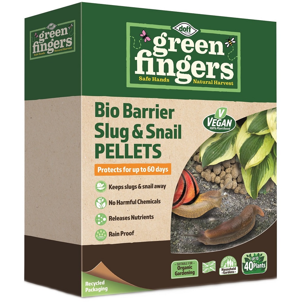 Doff Green Fingers Bio Barrier Slug and Snail Protection Pellets packaging showing product features such as vegan, rainproof, and suitable for organic gardening.