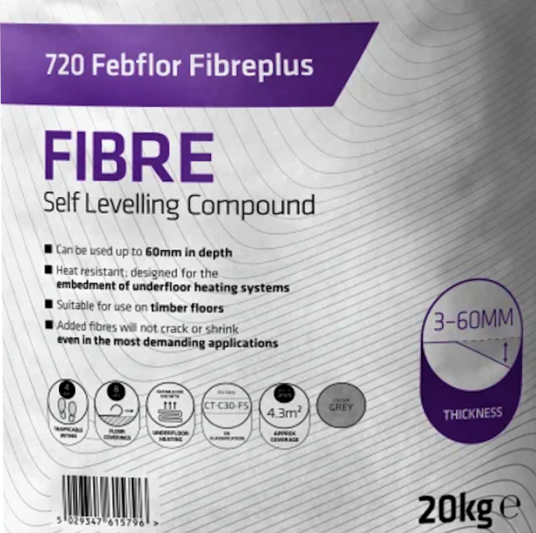 Packaging of Everbuild 720 Febflor Fibreplus Heat Self-Level Floor Levelling Compound showing product details and specifications.