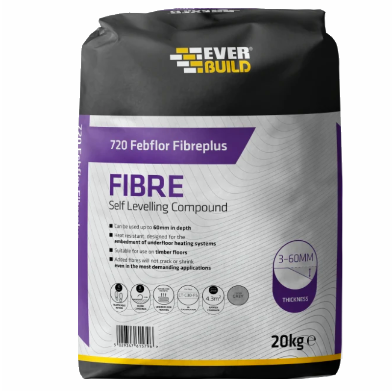 Bag of Everbuild 720 Febflor Fibreplus Heat Self-Level Floor Levelling Compound, 20kg, with product details and specifications.