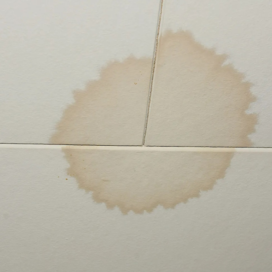 Wall with a visible brown stain on white tiles.