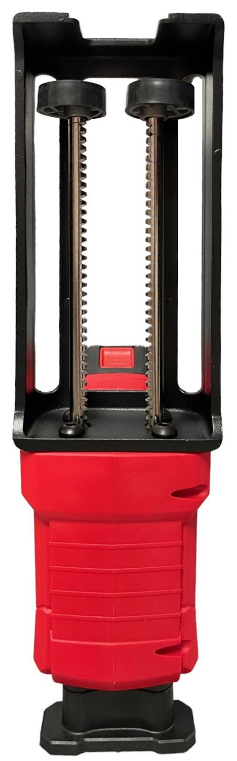 Front view of a red and black electric battery epoxy grout application gun with two vertical rods.
