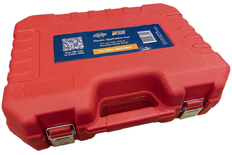 Red carrying case for Joint It Electric Battery Epoxy Grout Application Gun Pro Kit.