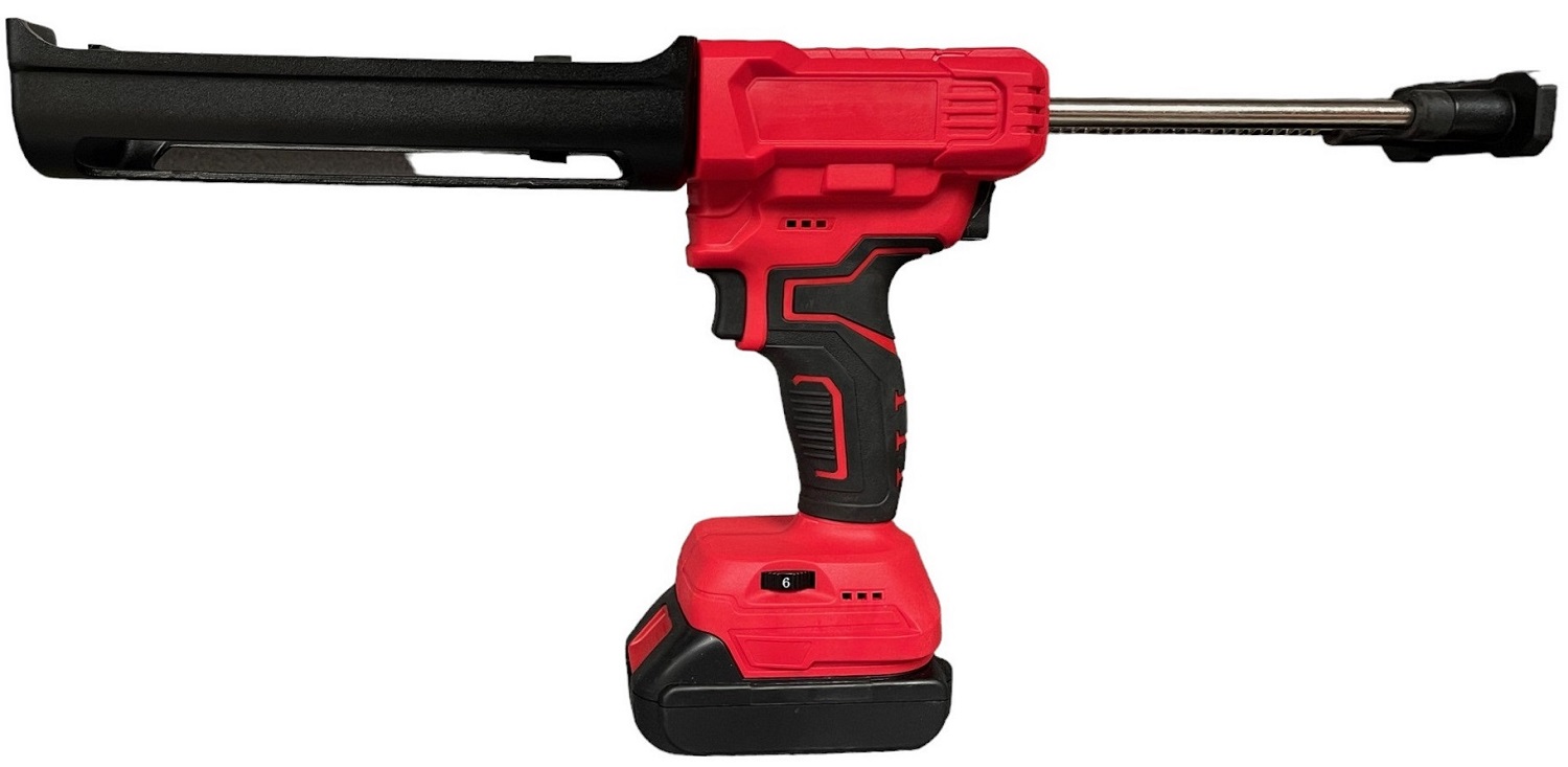 Red and black electric battery epoxy grout application gun with ergonomic handle.