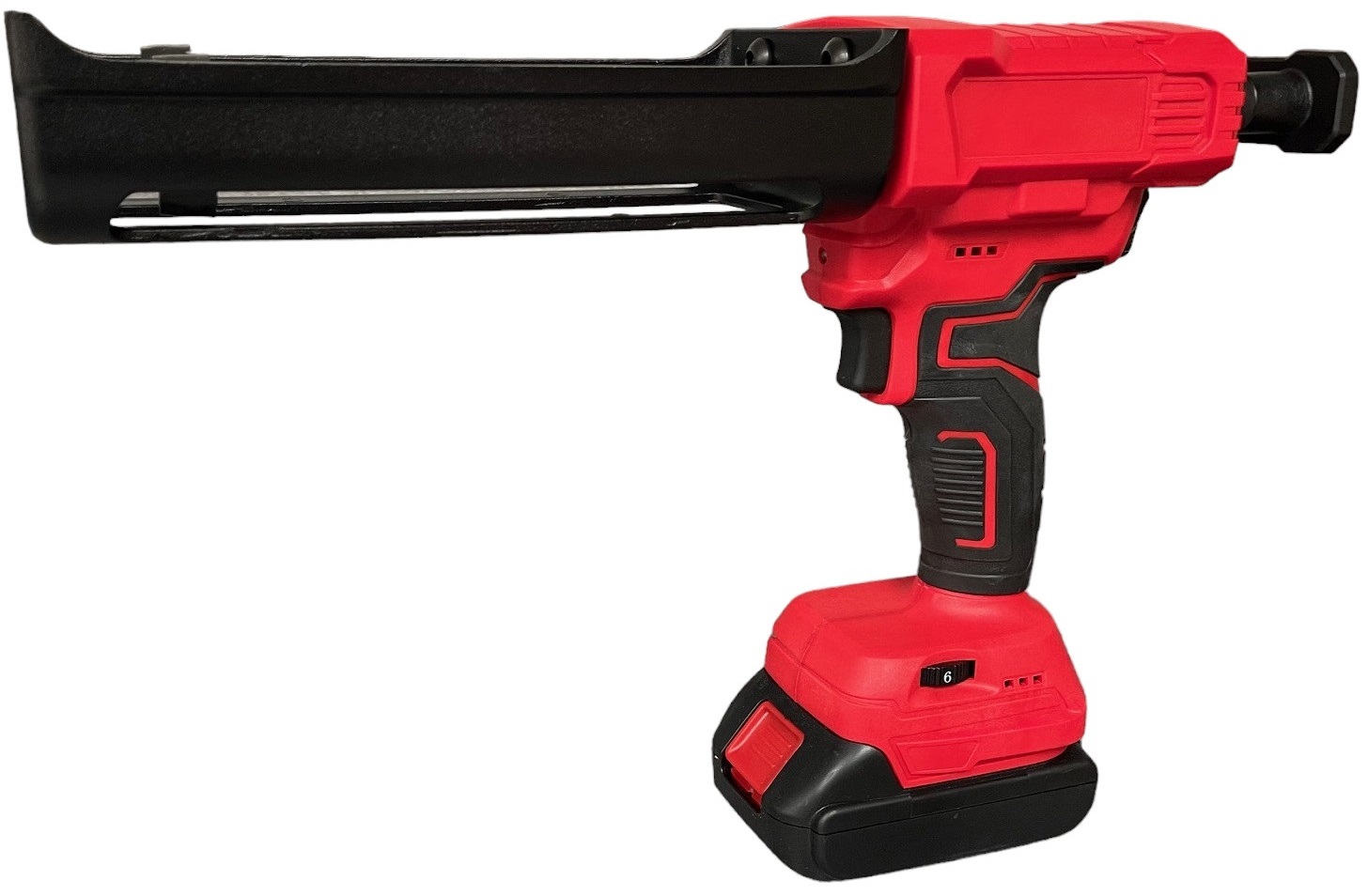 Red and black electric battery epoxy grout application gun with ergonomic handle.
