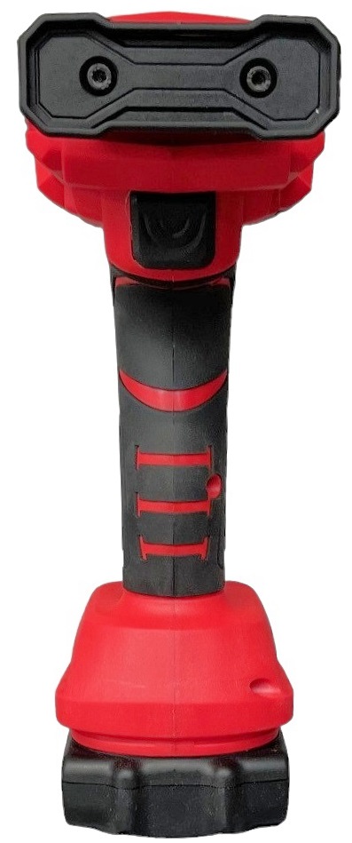 Front view of a red and black electric battery epoxy grout application gun.
