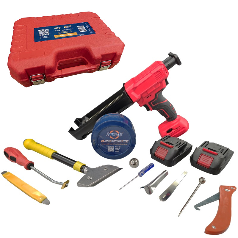 Electric battery epoxy grout application gun pro kit with various tools and accessories, including a red carrying case.