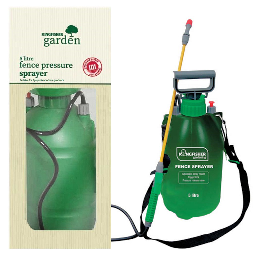 Green Kingfisher Garden Fence Pressure Sprayer with Trigger Lock, 5L capacity, featuring an adjustable spray nozzle and shoulder strap.