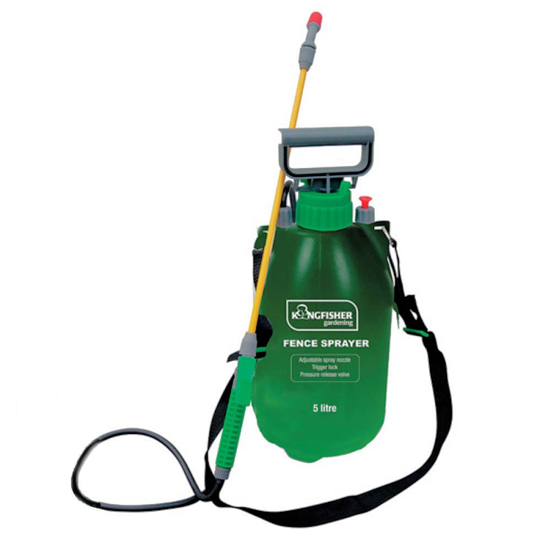 Green Kingfisher Garden Fence Pressure Sprayer with a yellow nozzle and black strap, 5 litre capacity