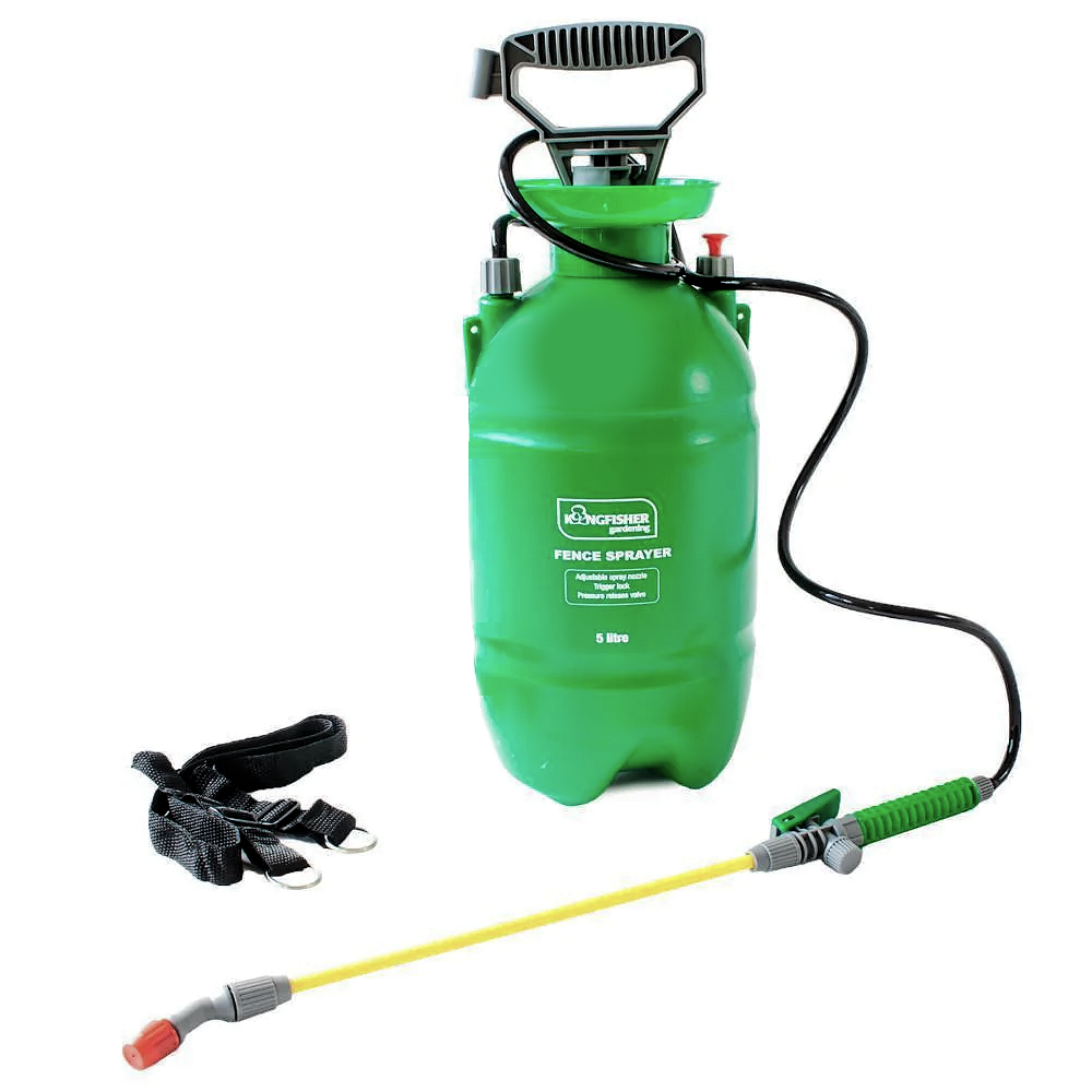 Green Kingfisher Garden Fence Pressure Sprayer with Trigger Lock and 5L capacity, featuring a black strap and yellow spray wand.