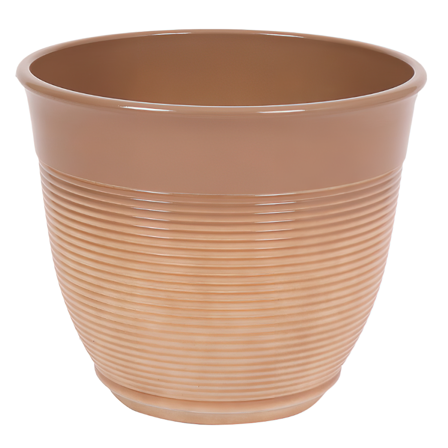 A 15-inch ceramic flower pot with a mottled brown finish and ribbed texture.