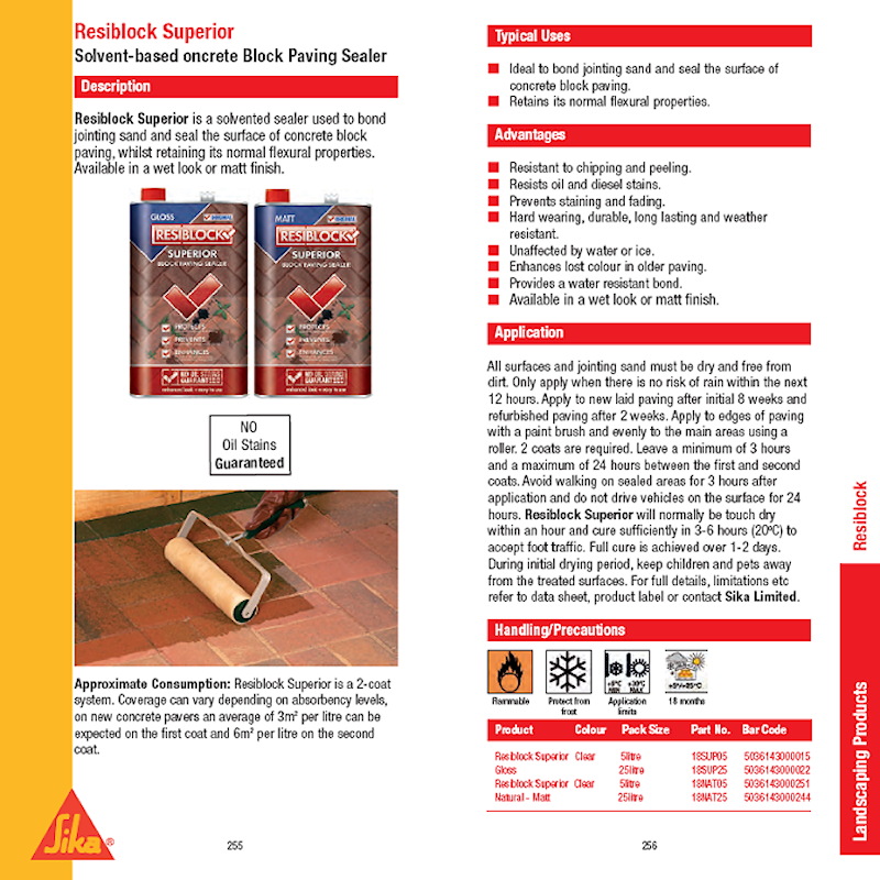 Showing Resiblock Superior solvent-based block paving sealer in gloss and matt finishes, with application instructions and product details.