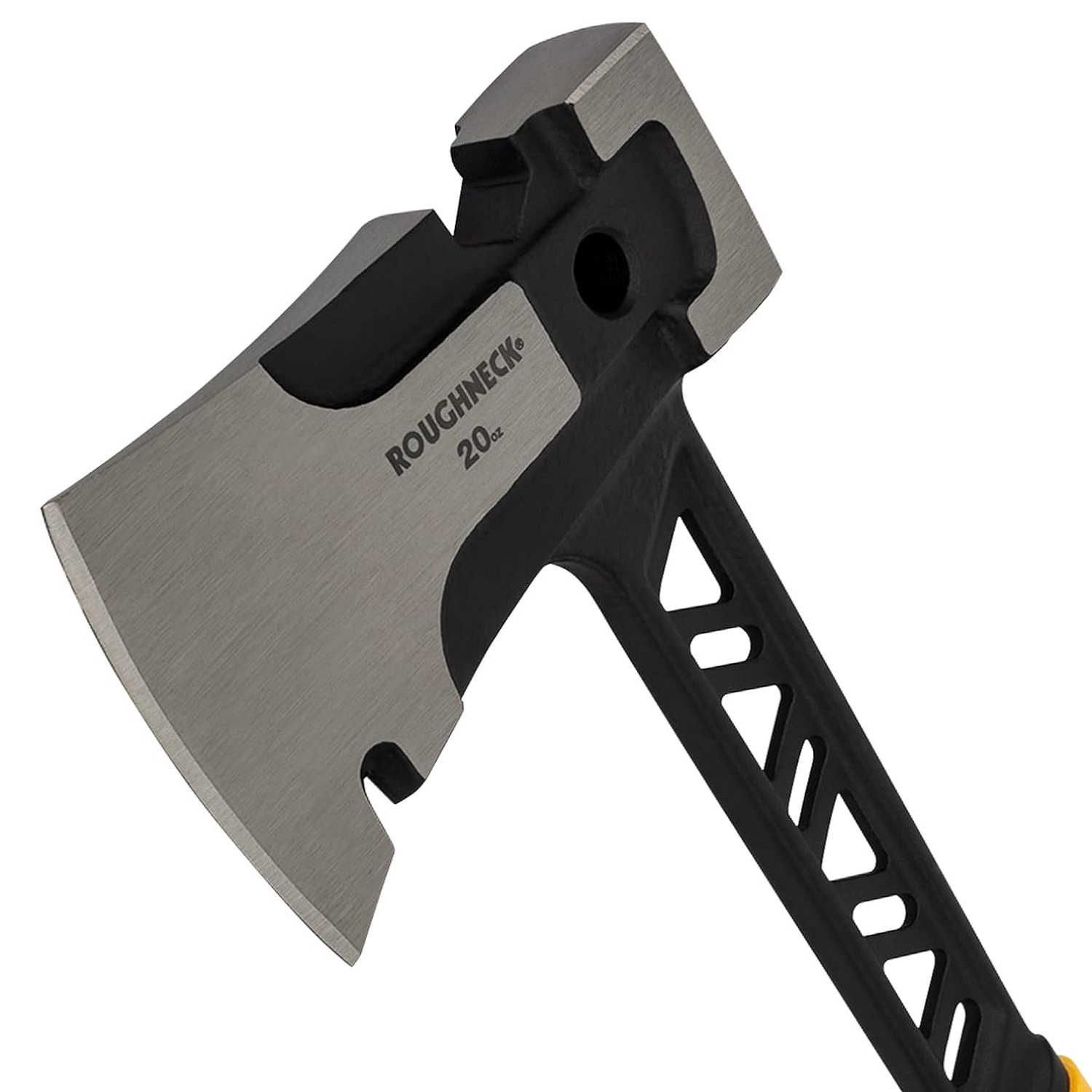 Close-up of Roughneck Gorilla V Series Utility Hand Axe with a sharp metal blade and black handle.