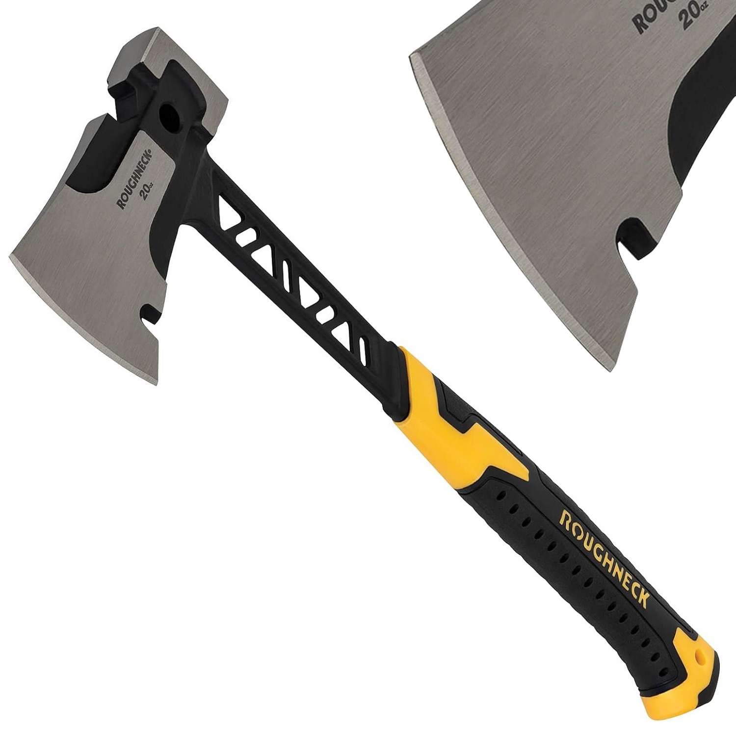 Roughneck Gorilla V Series Utility Hand Axe with black and yellow handle and sharp blade.