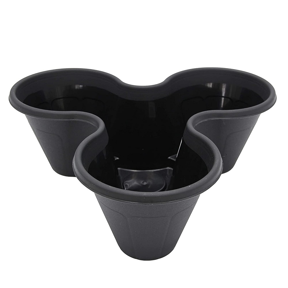 Black stackable planter pot with three compartments, suitable for vertical displays.