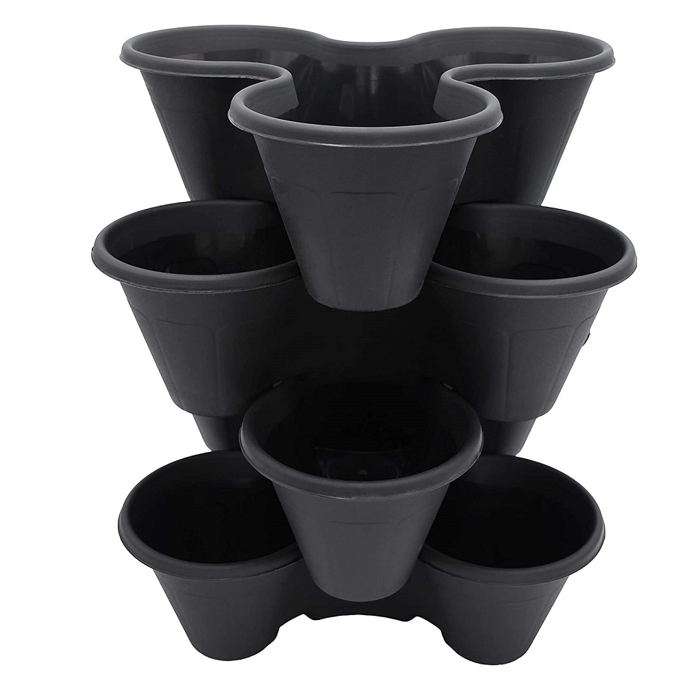 Black stackable planter pots for vertical displays with multiple tiers.