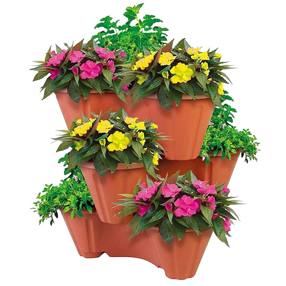 Stackable planter pots with vibrant flowers and lush greenery.