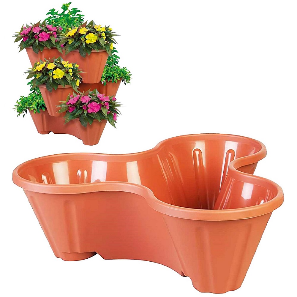 Stackable terracotta planter pots with flowers and plants.