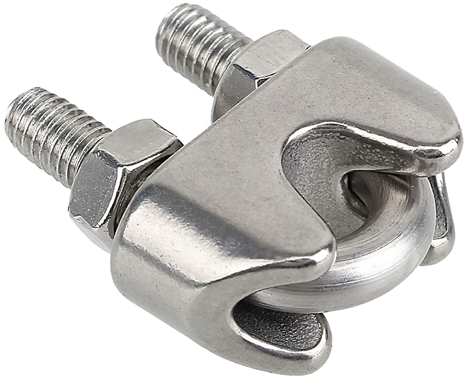 Close-up of a metal wire rope securing clamp clip with two bolts.